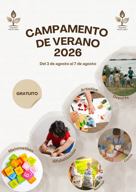 Cartel del Campamento de Verano 2026: gratuito, del 3 al 7 de agosto, con talleres de artística, deporte, alfabetización, matemáticas, cocina y reciclaje